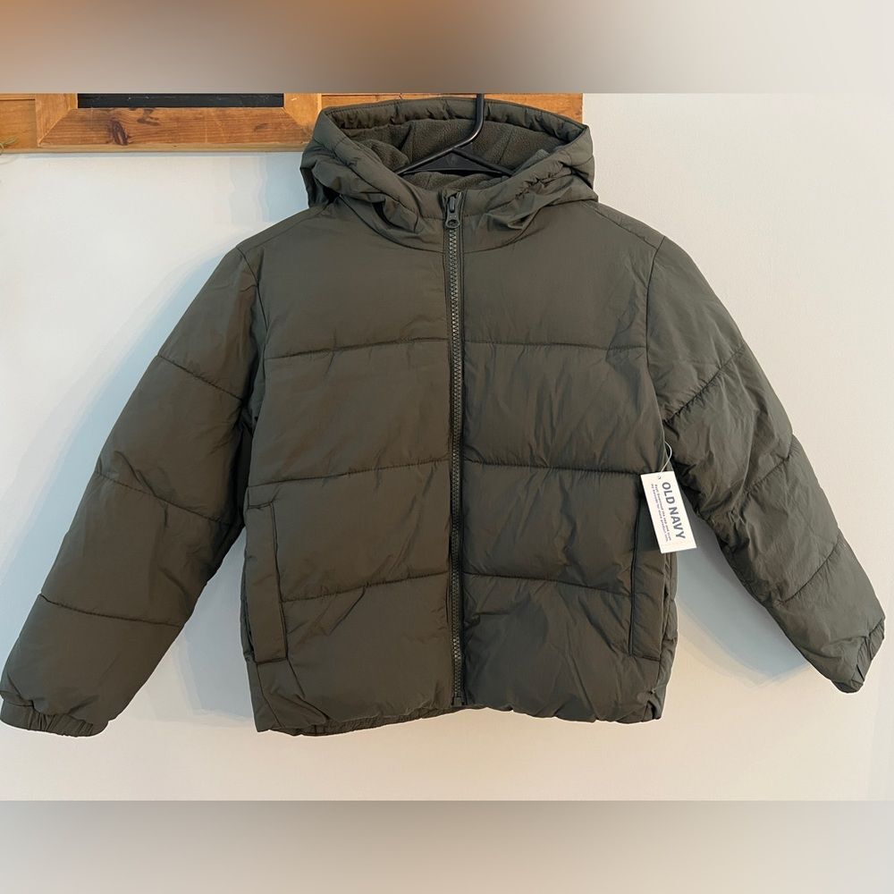 NWT Old Navy Puffer Jacket Kids S 6-7 Olive Hooded Winter Coat